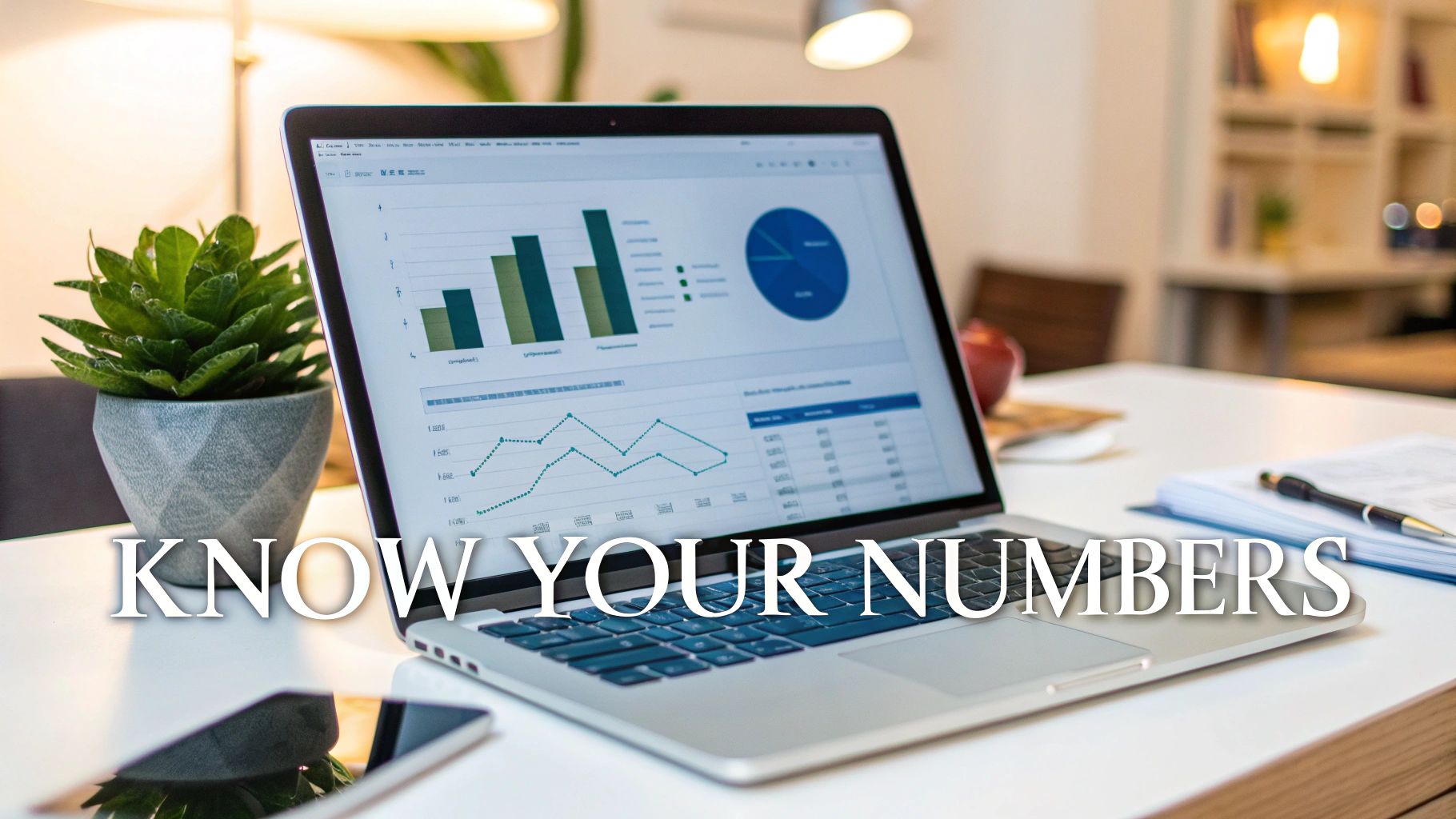 A laptop displays financial charts and data on a clean desk next to a plant, phone, and notebook.