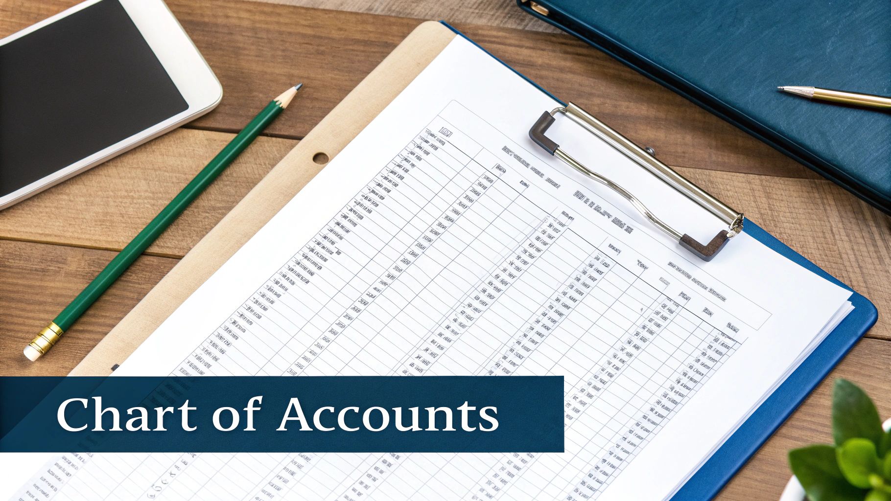 A close-up of a 'Chart of Accounts' document on a clipboard, next to a tablet and pencil on a wooden desk.