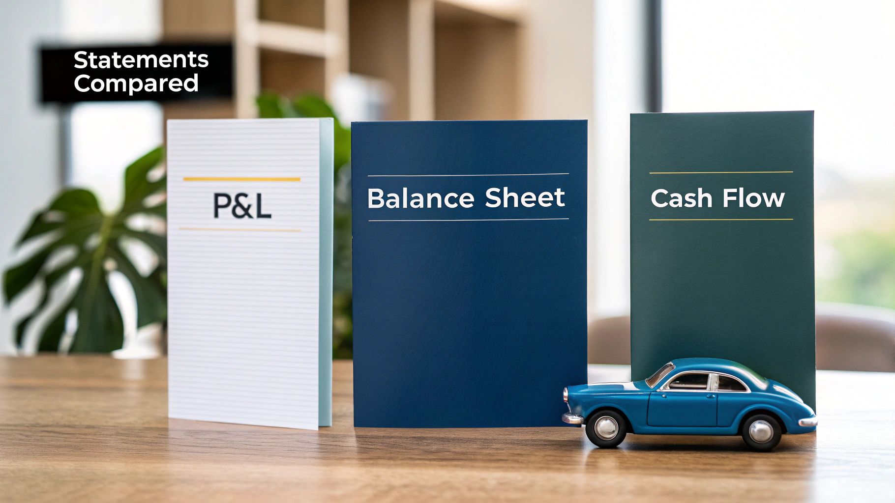 A visual comparison of P&L, Balance Sheet, and Cash Flow statements on a wooden table.