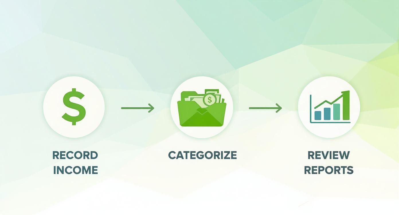 A three-step financial management diagram showing record income, categorize, and review reports with icons.