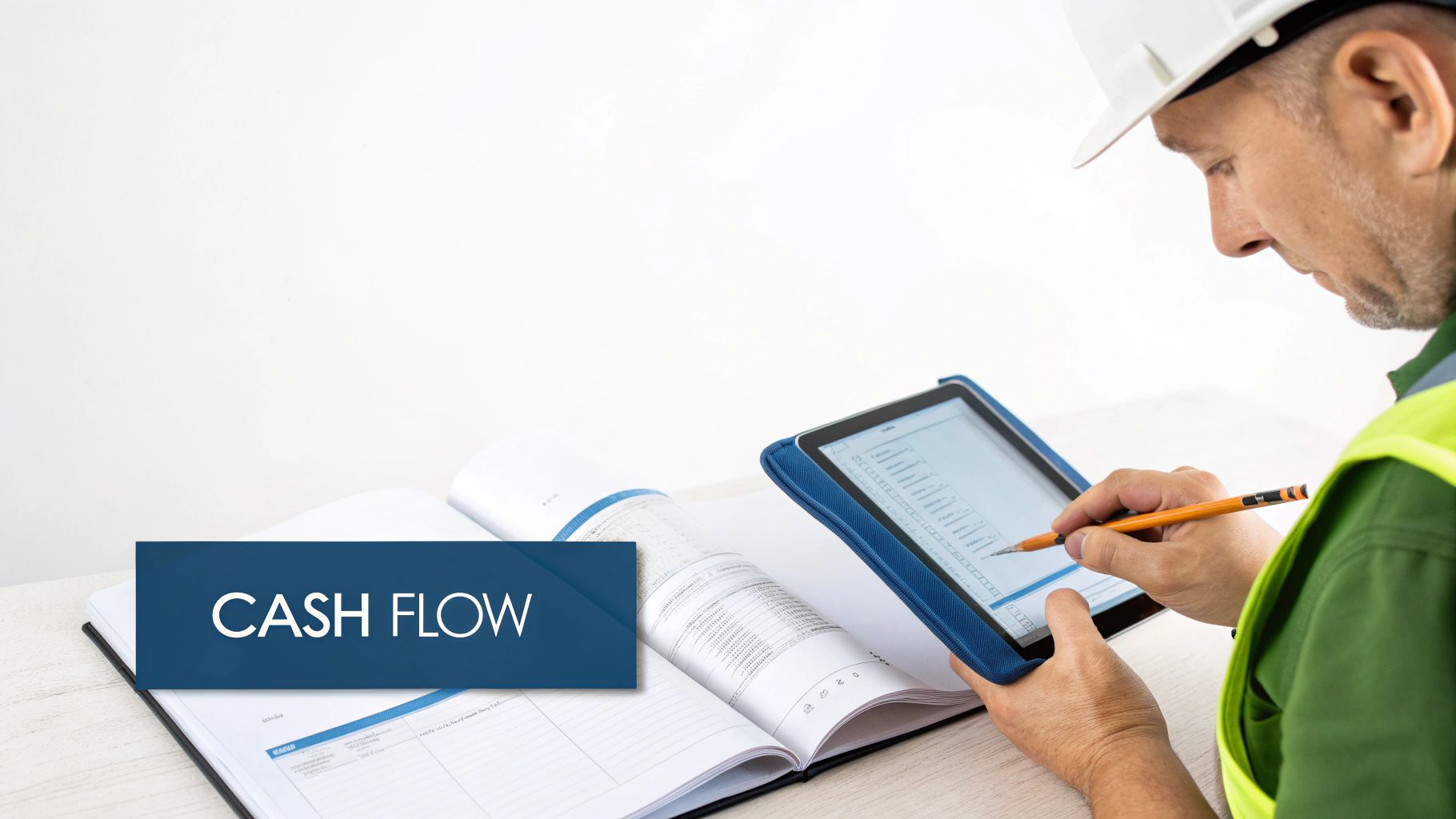 A construction worker in a hard hat reviews cash flow data on a tablet with a pencil.