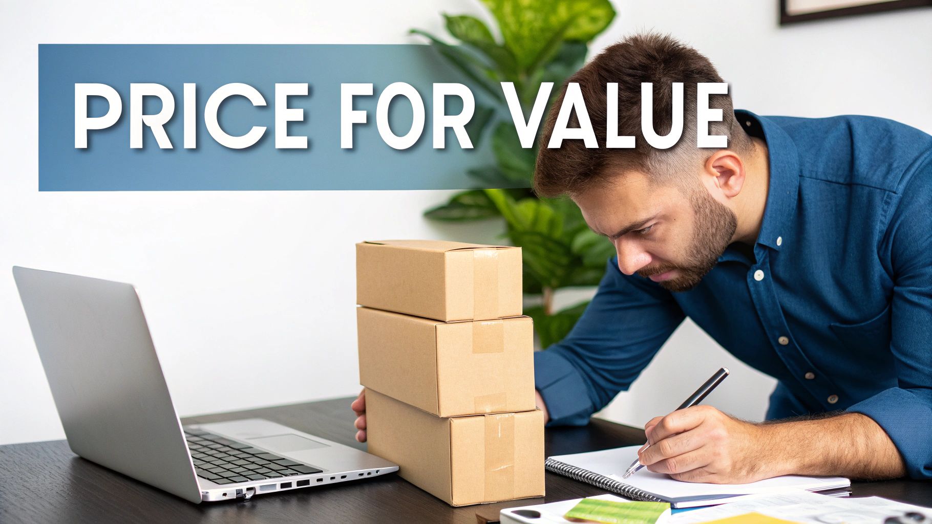 A man writes in a notebook beside a laptop and stacked cardboard boxes, with "PRICE FOR VALUE" overlay.