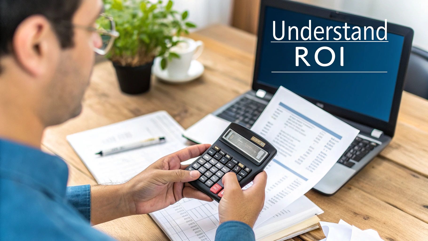 Man using a calculator and looking at a laptop screen displaying 'Understand ROI' on a wooden desk.