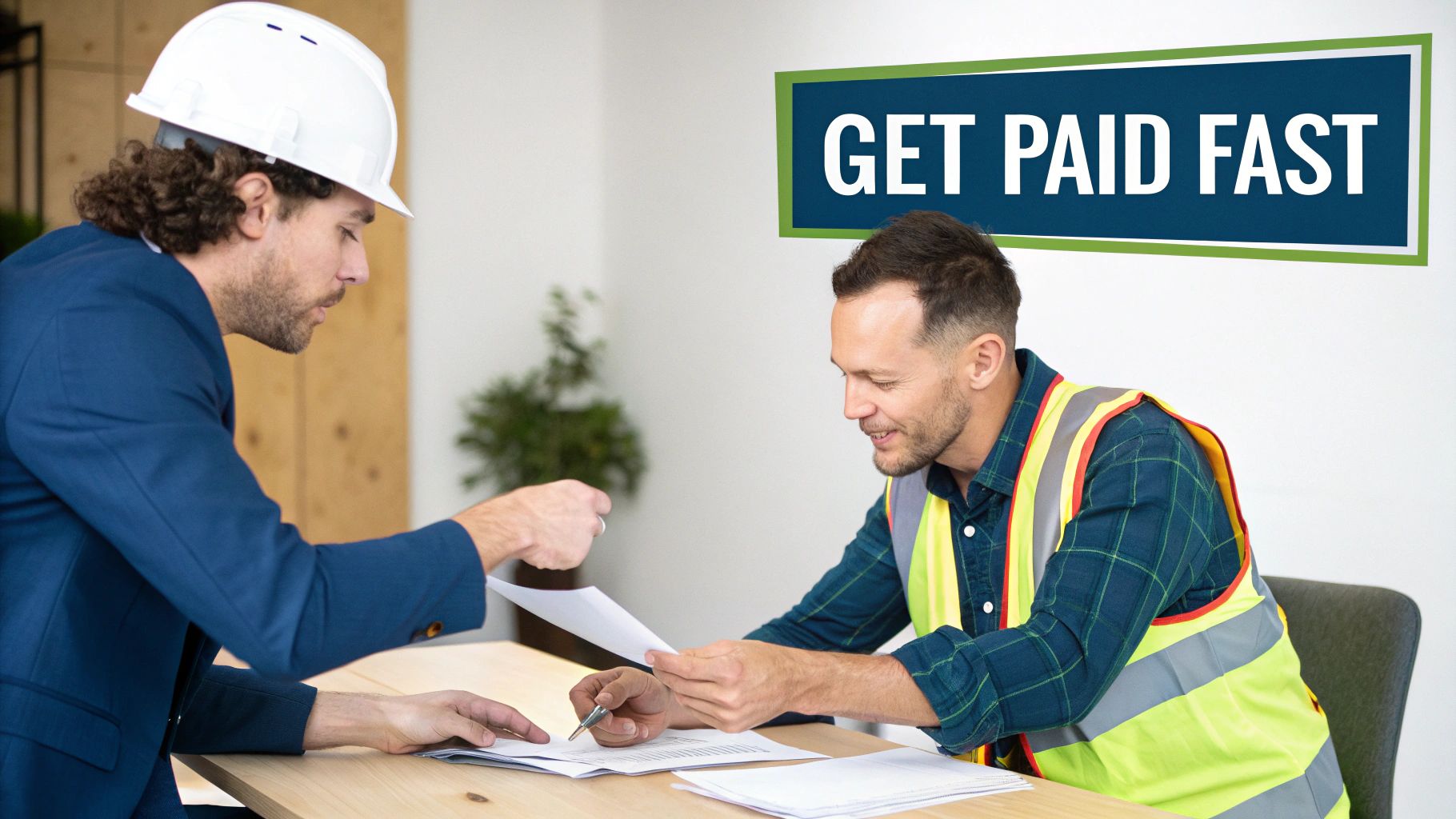 Two construction professionals review and sign payment documents at a desk, ensuring quick transactions.