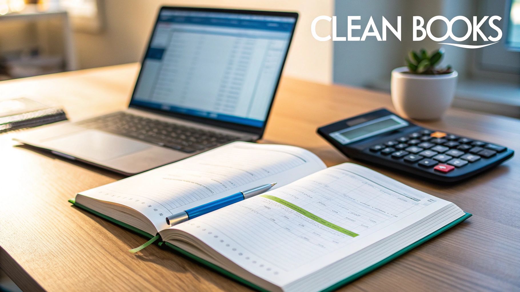 A desk with a laptop displaying a spreadsheet, an open planner with a pen, and a calculator.