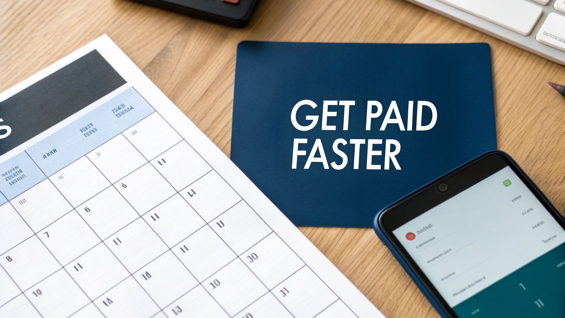 A desk setup with a calendar, smartphone, and a dark blue card reading 'GET PAID FASTER'.