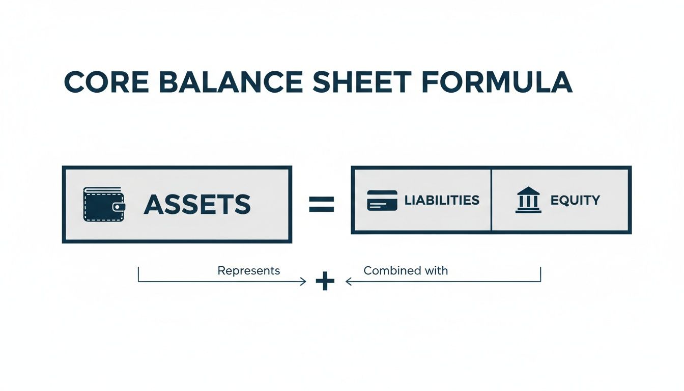 Core Balance Sheet Formula showing Assets equals Liabilities combined with Equity.
