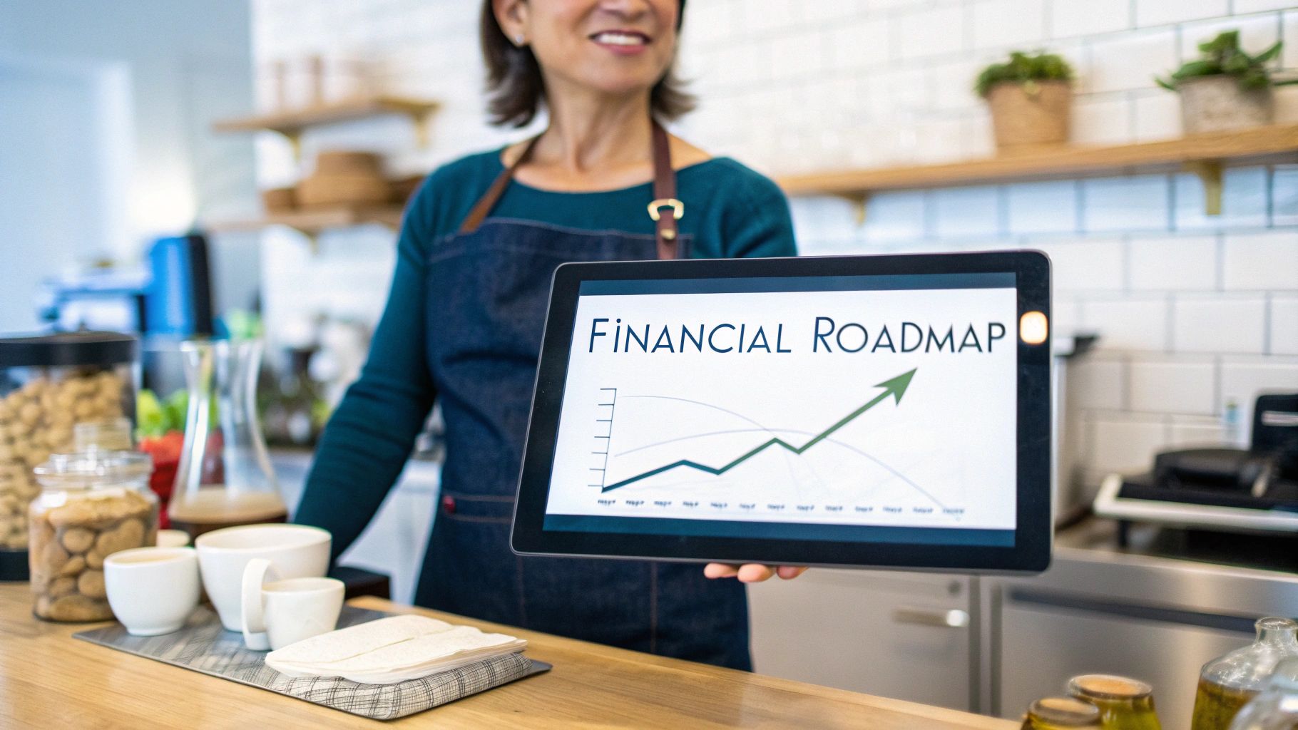 A smiling woman in an apron holds a tablet displaying a 'Financial Roadmap' with an upward-trending graph.