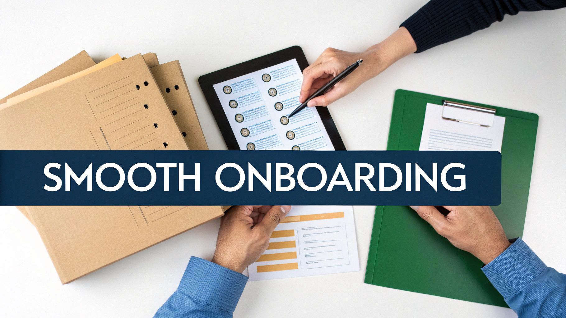 Overhead view of hands interacting with a tablet, documents, and folders, with 'SMOOTH ONBOARDING' text.