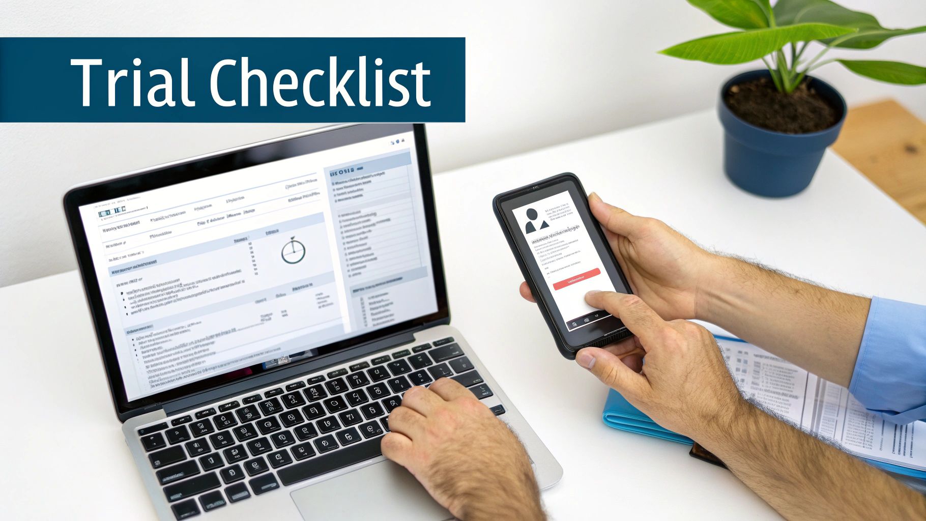 Hands interact with a laptop and smartphone displaying a 'Trial Checklist' on a white desk.