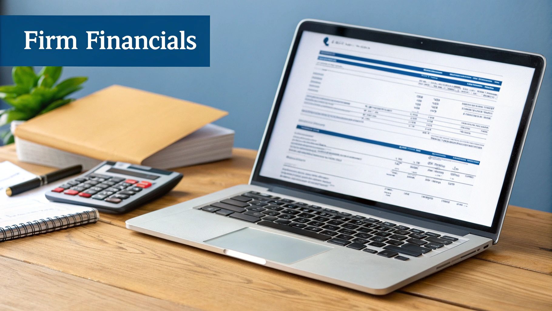 Laptop displaying firm financials, with a calculator, notebook, and folders on a wooden desk.