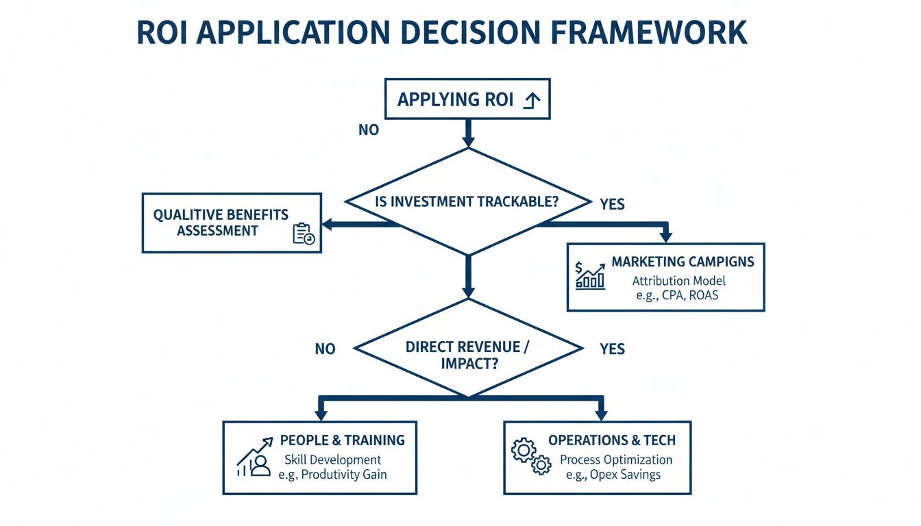 Flowchart illustrating the ROI application decision framework, guiding evaluation based on investment trackability and direct impact.