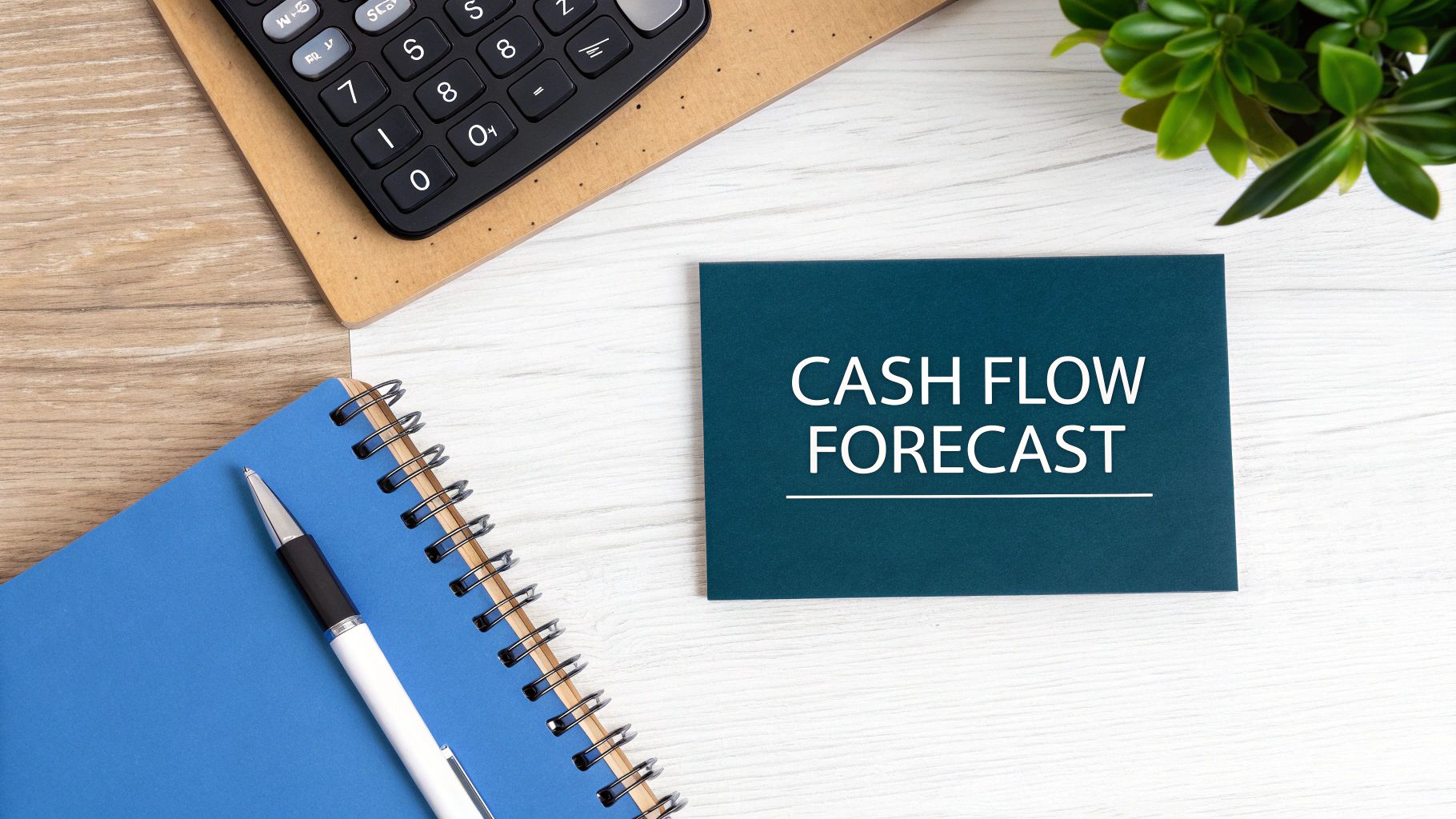 Flat lay of a desk with a calculator, blue notebook, pen, and a 'CASH FLOW FORECAST' card.