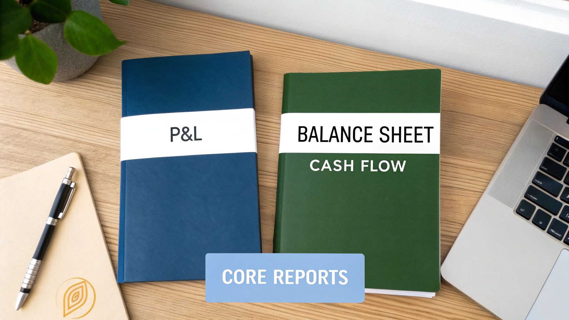 A wooden desk with blue and green notebooks labeled P&L, Balance Sheet, and Cash Flow, representing core financial reports.