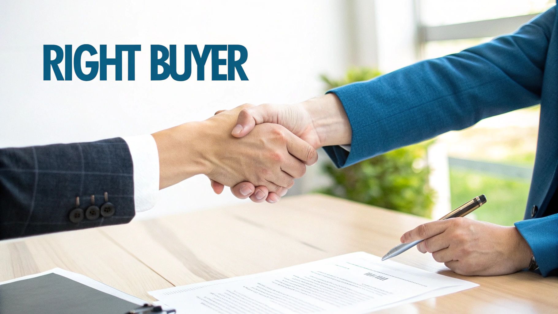 Two business people shake hands over a desk with documents, with the text 'RIGHT BUYER' prominently displayed.