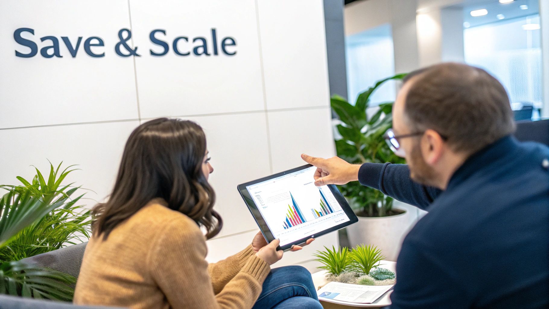 Two colleagues discuss business analytics on a tablet in an office with 'Save & Scale' branding.