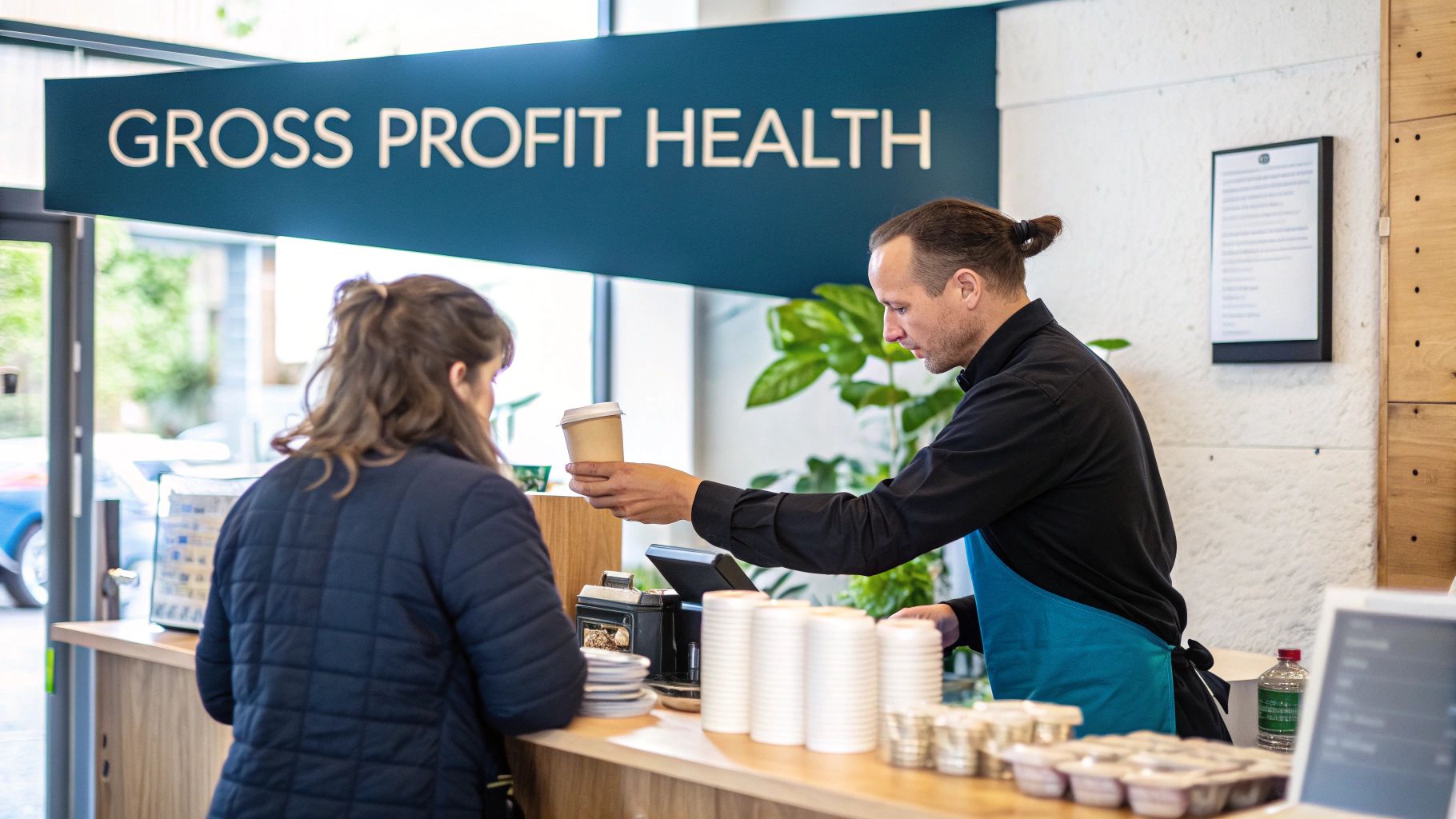 A barista hands a coffee cup to a customer at a cafe counter under a 'Gross Profit Health' sign.