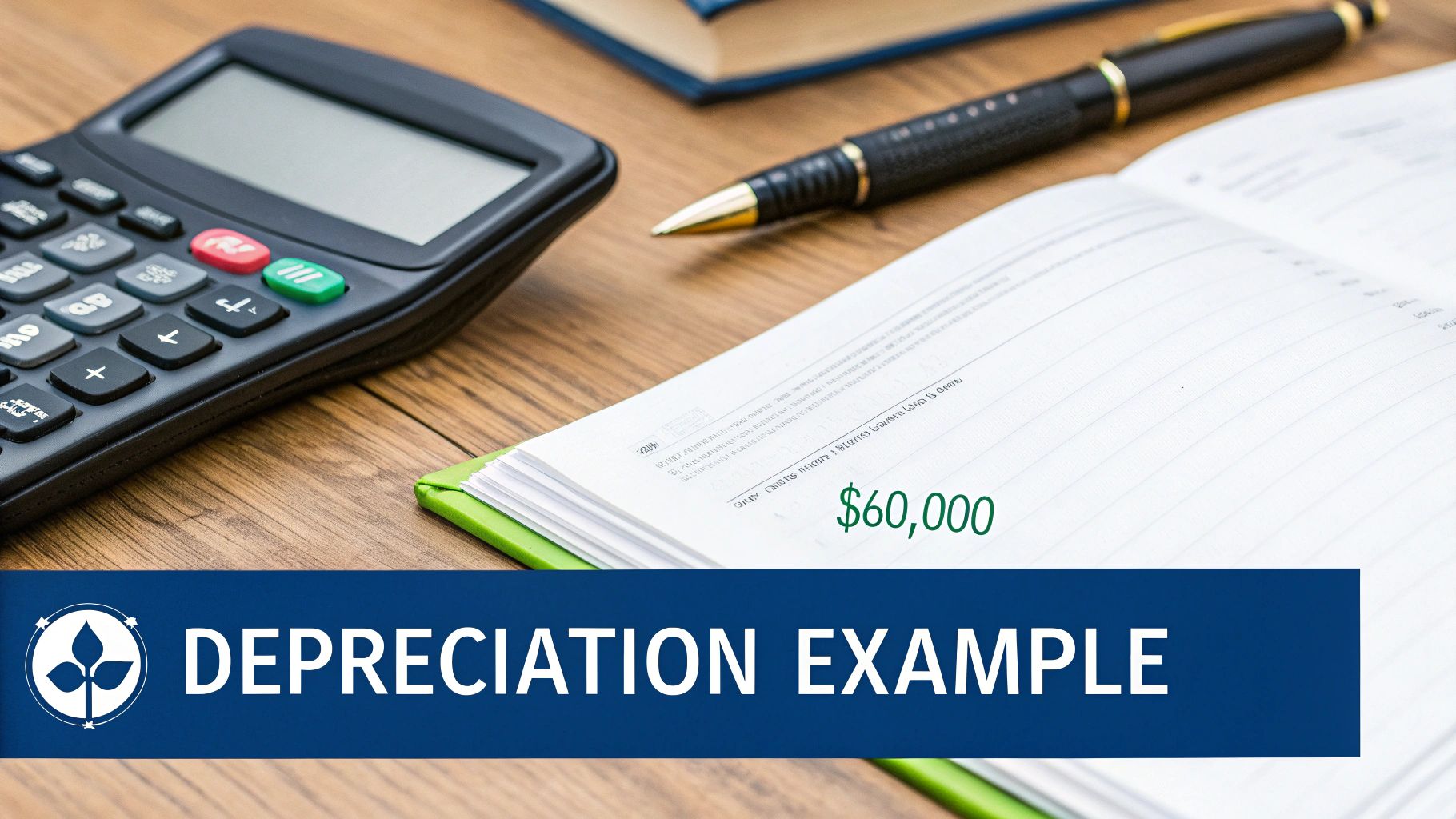 A calculator, pen, and notebook with '$60,000' written, highlighting a depreciation example.