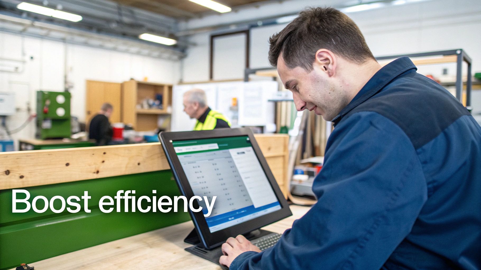 A man in a blue uniform uses a tablet with a keyboard in a busy workshop.