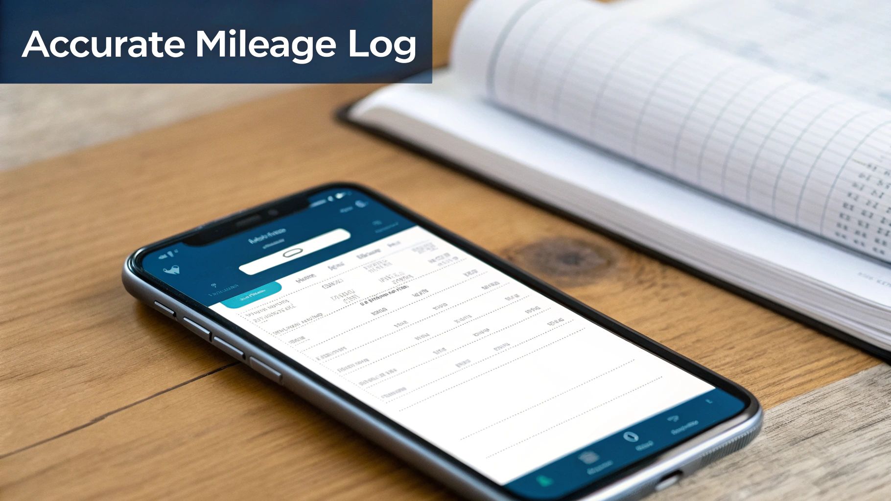 A smartphone displaying a mileage log application next to an open physical logbook on a wooden table.