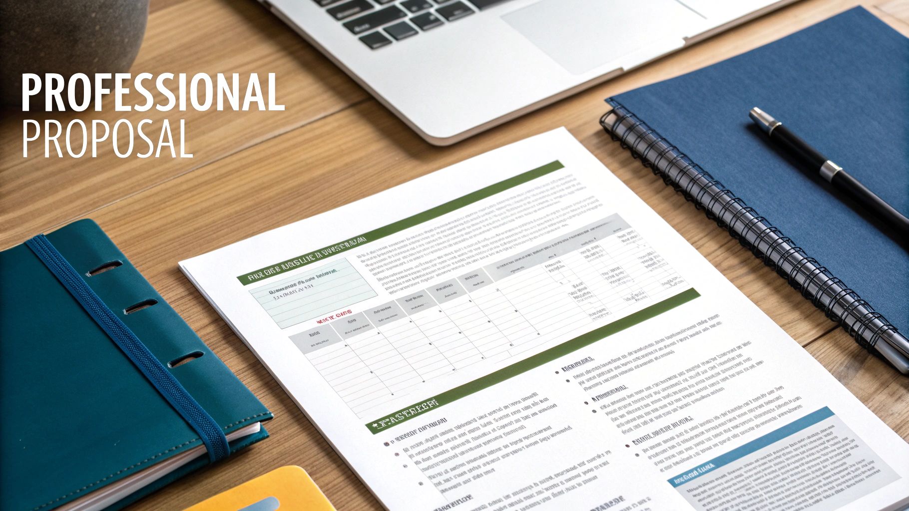 A professional proposal document open on a wooden desk with a laptop, notebooks, and a pen.