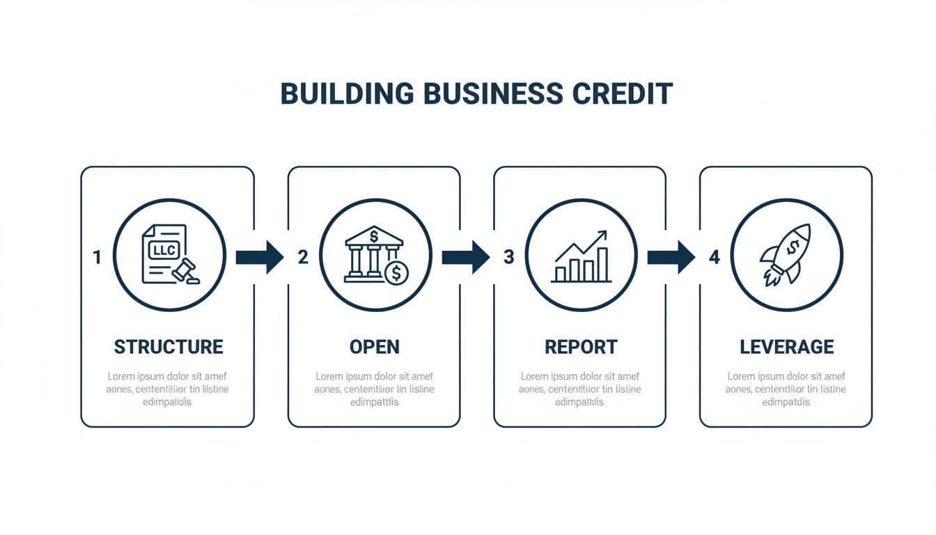 Infographic detailing a four-step process for building business credit: structure, open, report, and leverage.