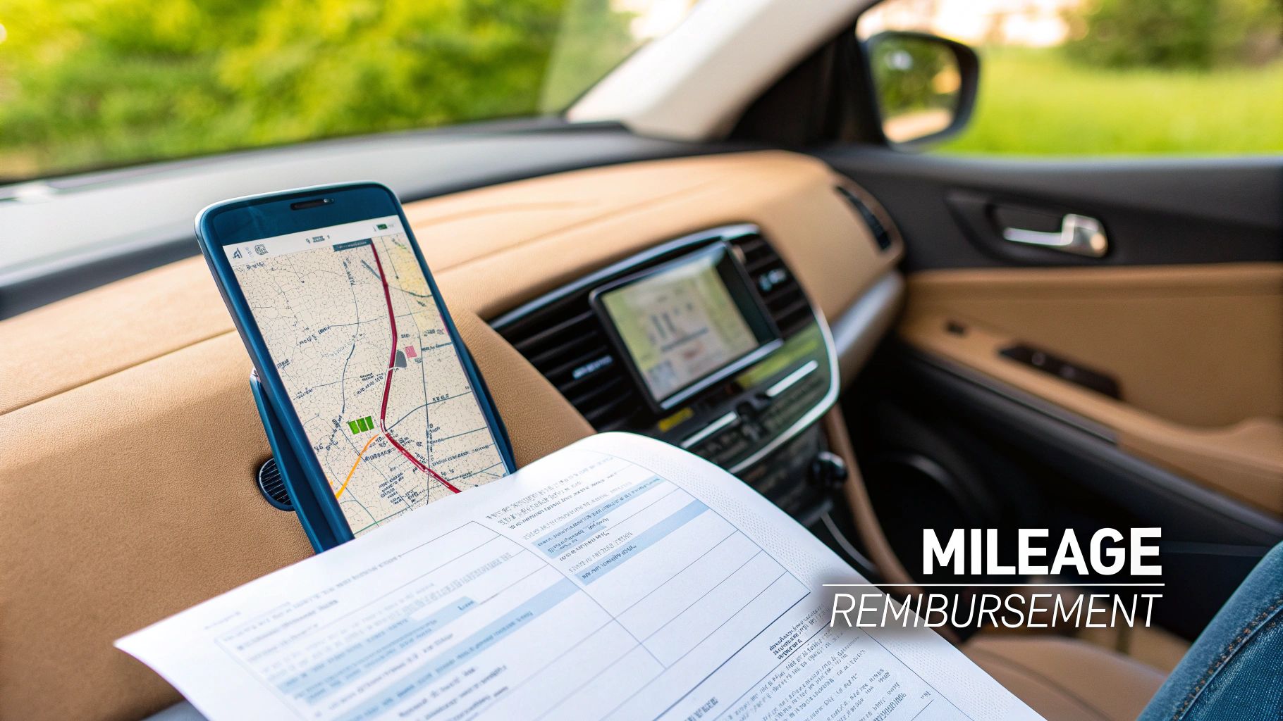 Smartphone showing navigation map and a document for mileage reimbursement tracking inside a car.