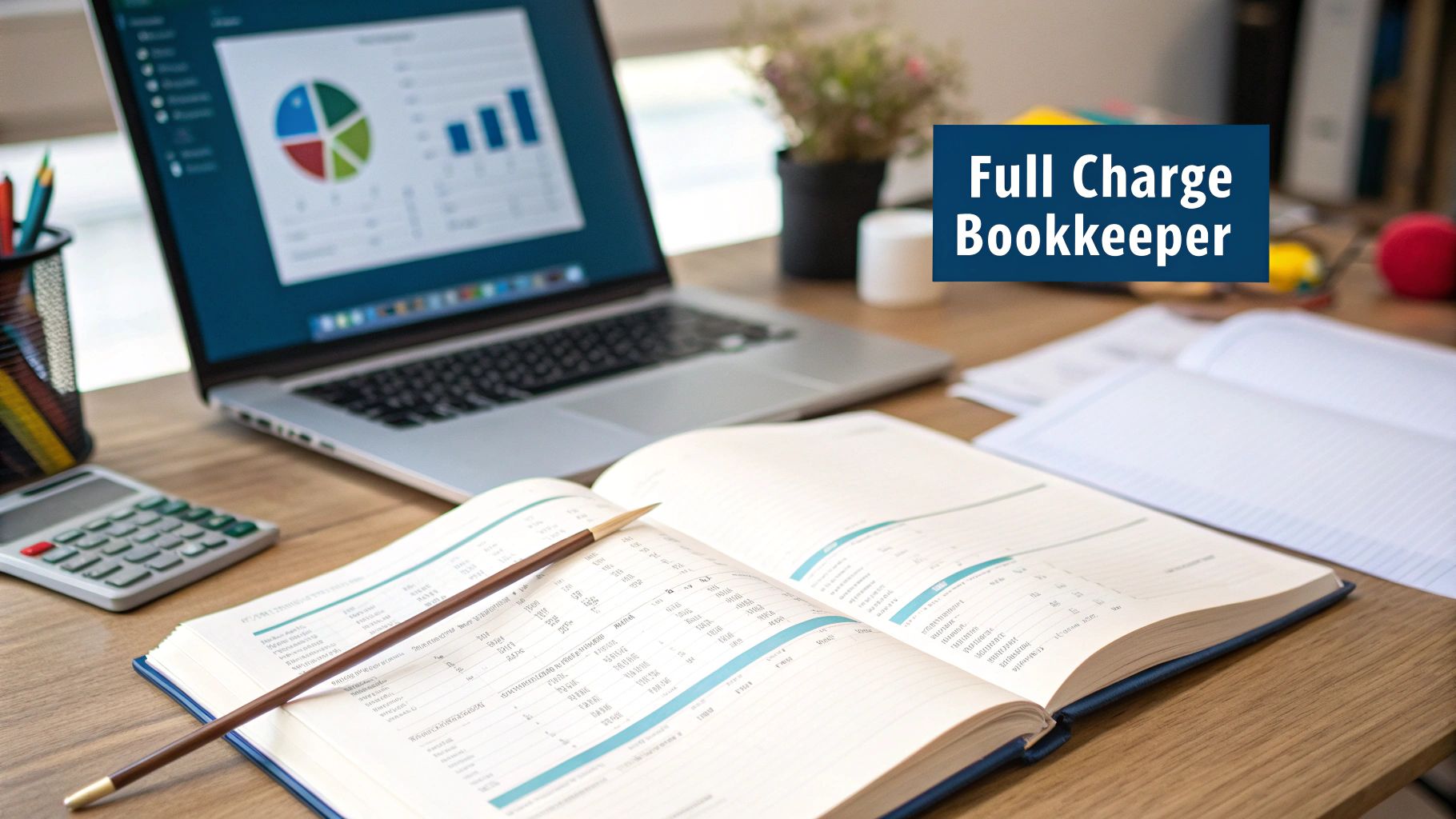 A desk with a laptop displaying financial charts, an open ledger, calculator, and 'Full Charge Bookkeeper' text.