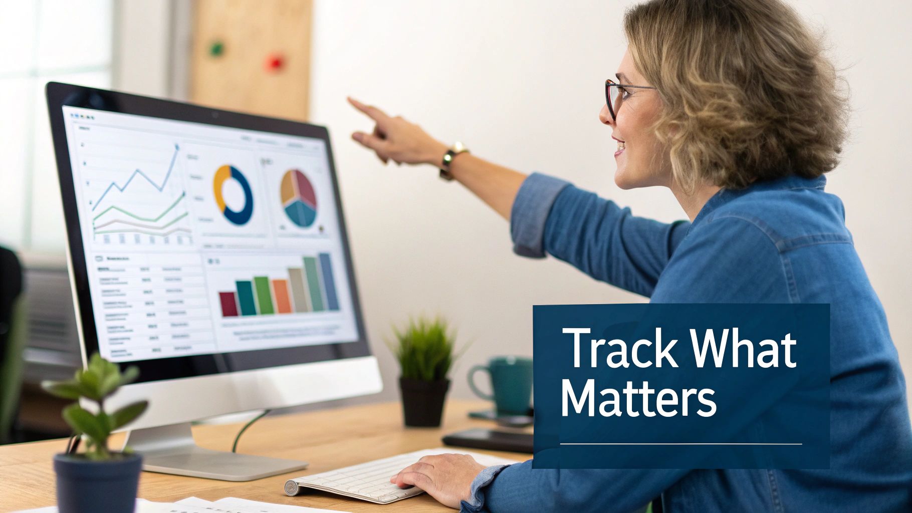 A smiling woman points at a computer screen displaying charts and data for business analytics.