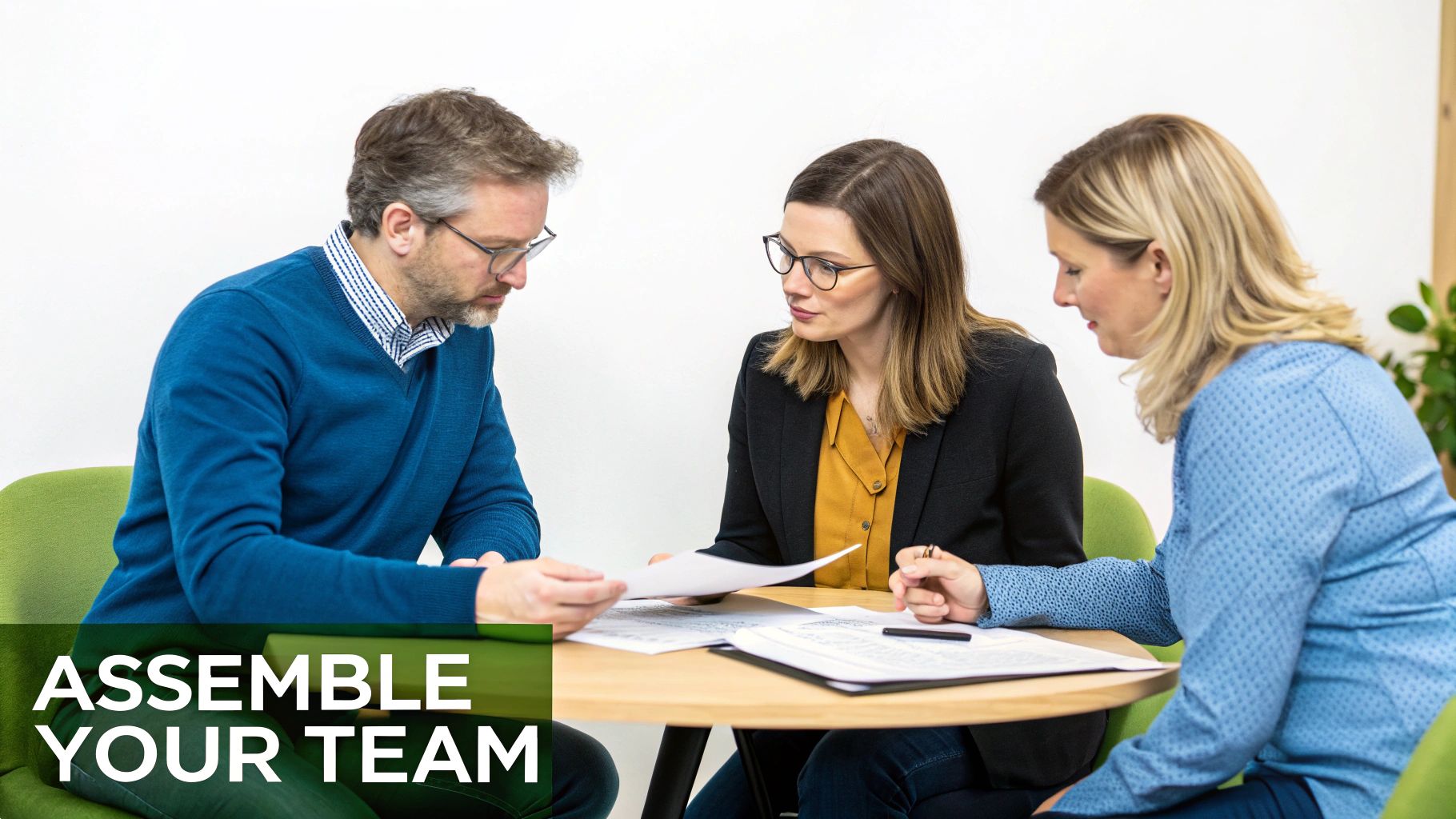 Three diverse business professionals collaborate around a table, reviewing documents together.