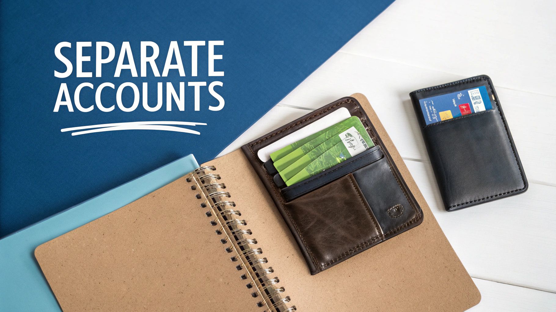 Wallets with cards, notebooks, and 'Separate Accounts' text, illustrating financial organization.
