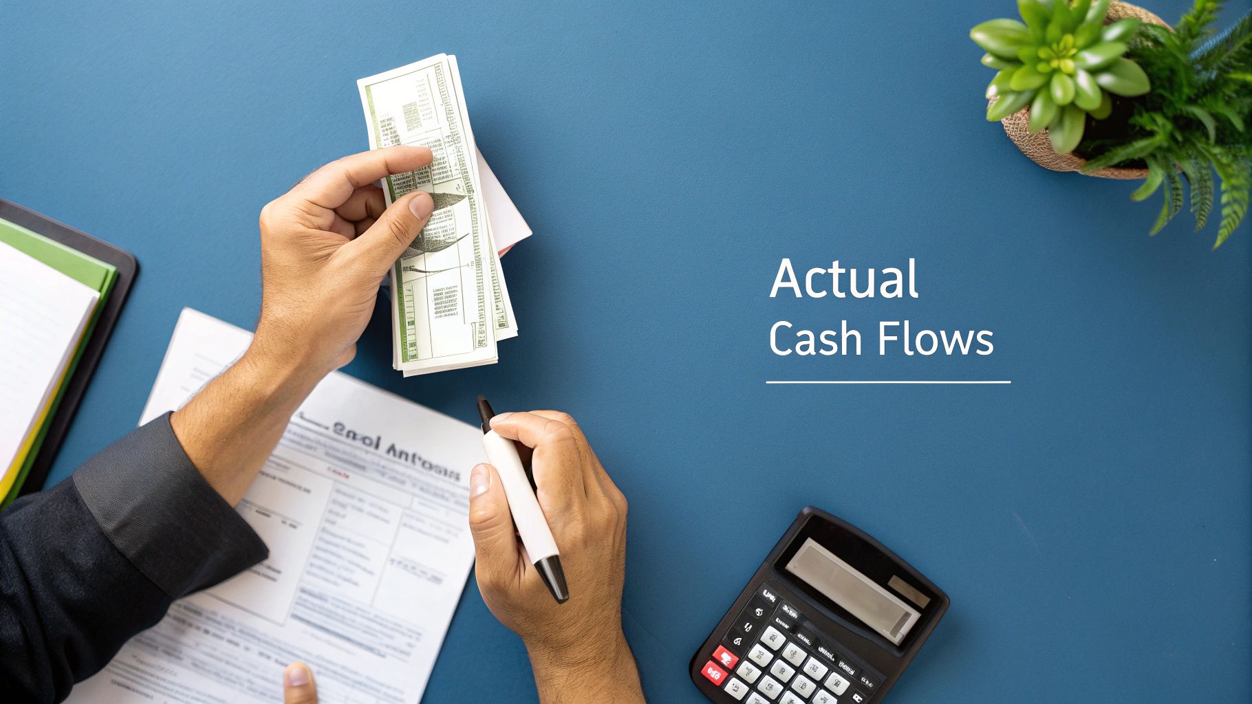 Overhead view of hands counting money and using a calculator on a desk with 'Actual Cash Flows' text.