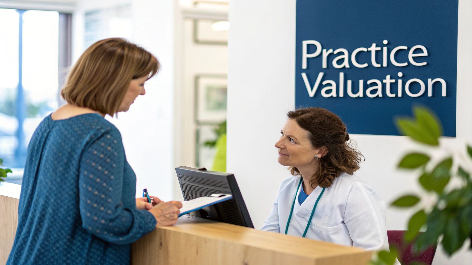 A woman signs a document at a reception desk, assisted by a smiling medical professional.