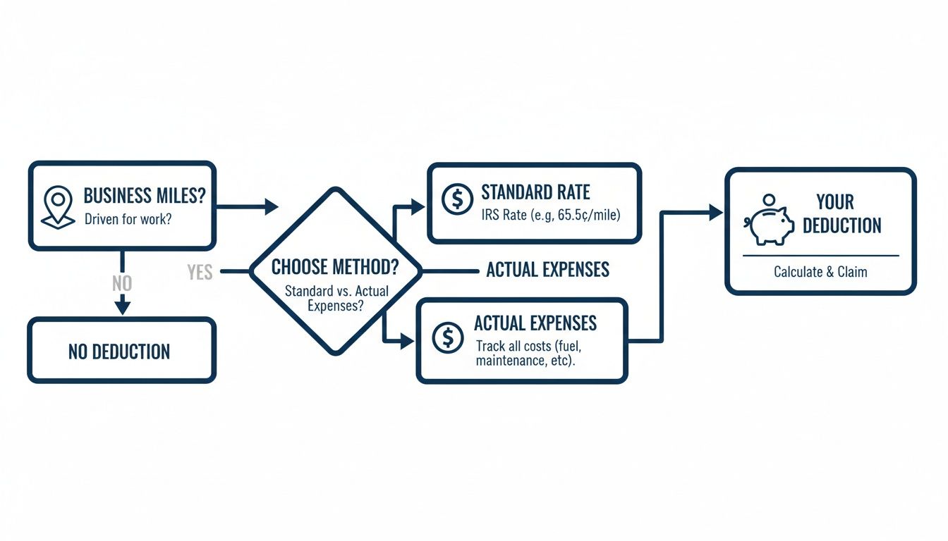 Flowchart explaining how to calculate business mileage deductions using standard rate or actual expenses.