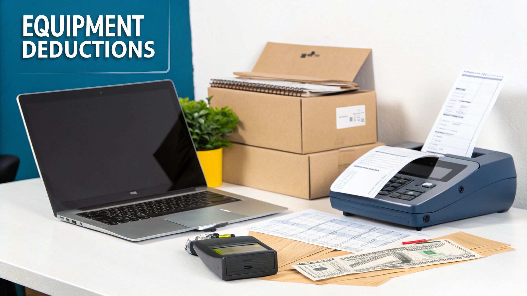 Office desk with laptop, shipping boxes, franking machine, money, and documents for equipment deductions.