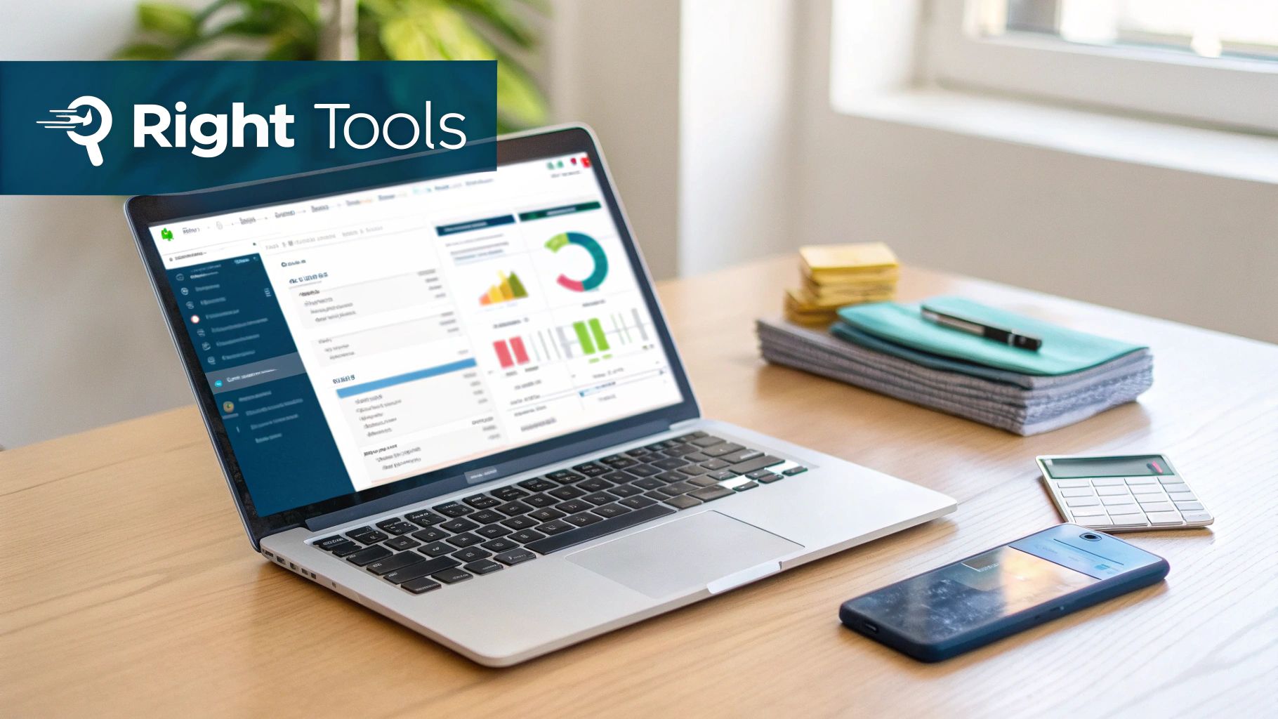 Office desk with laptop displaying financial software, alongside documents, a calculator, and smartphone.
