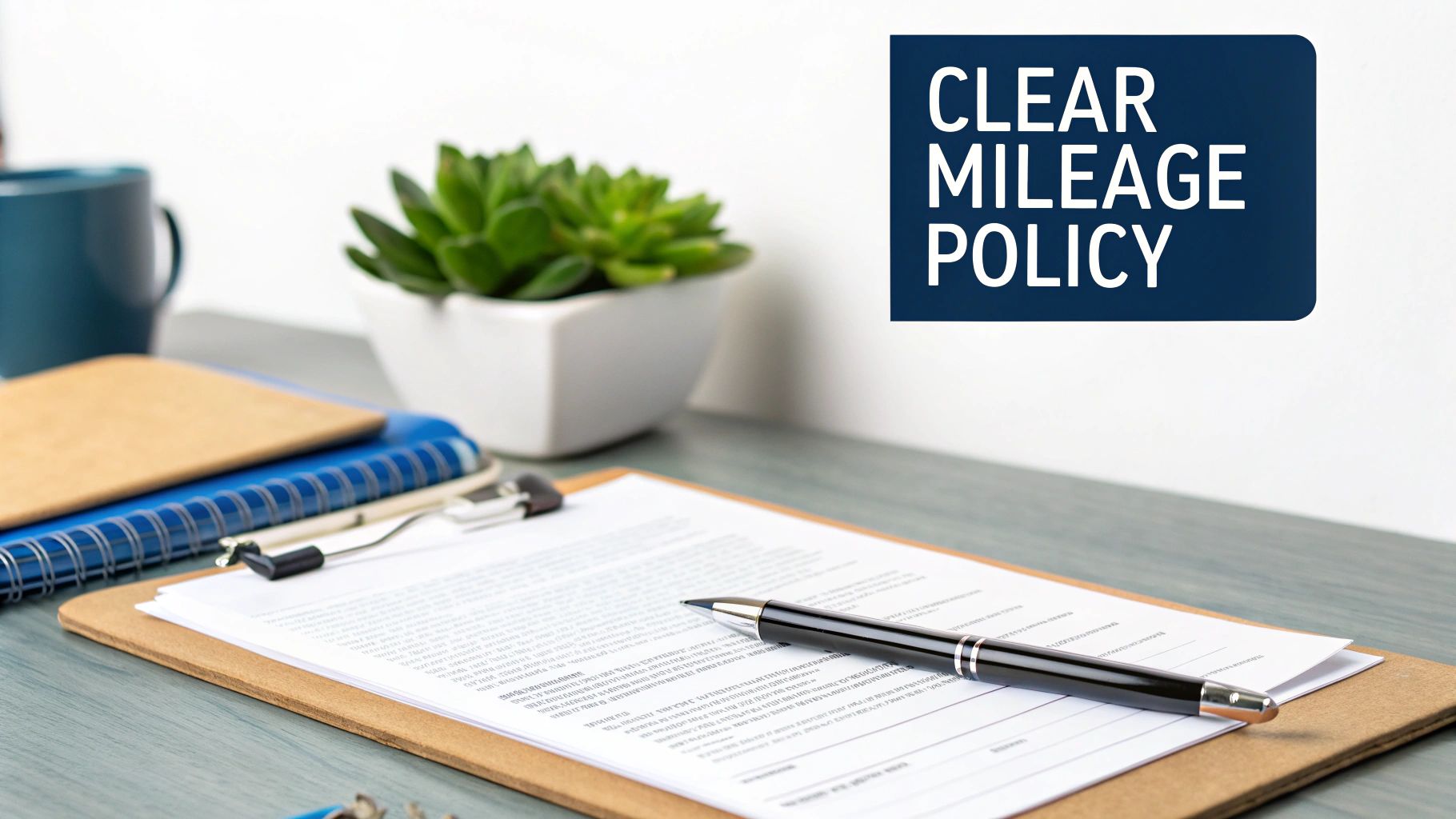 A desk with a clipboard, documents, a pen, notebooks, and a mug, featuring a 'Clear Mileage Policy' sign.