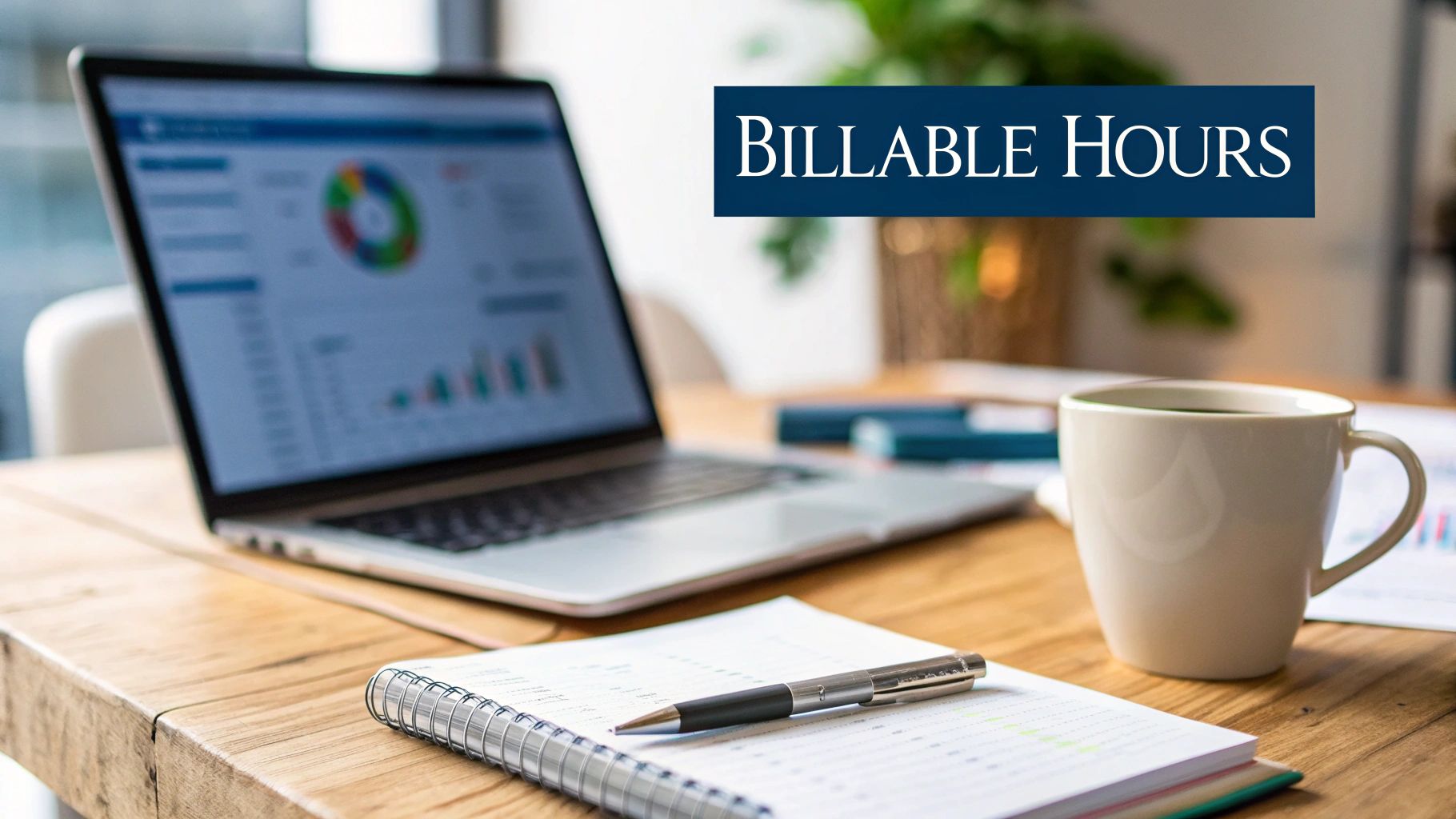 A laptop showing financial charts, a notebook, pen, and coffee mug on a wooden desk with 'BILLABLE HOURS' text.