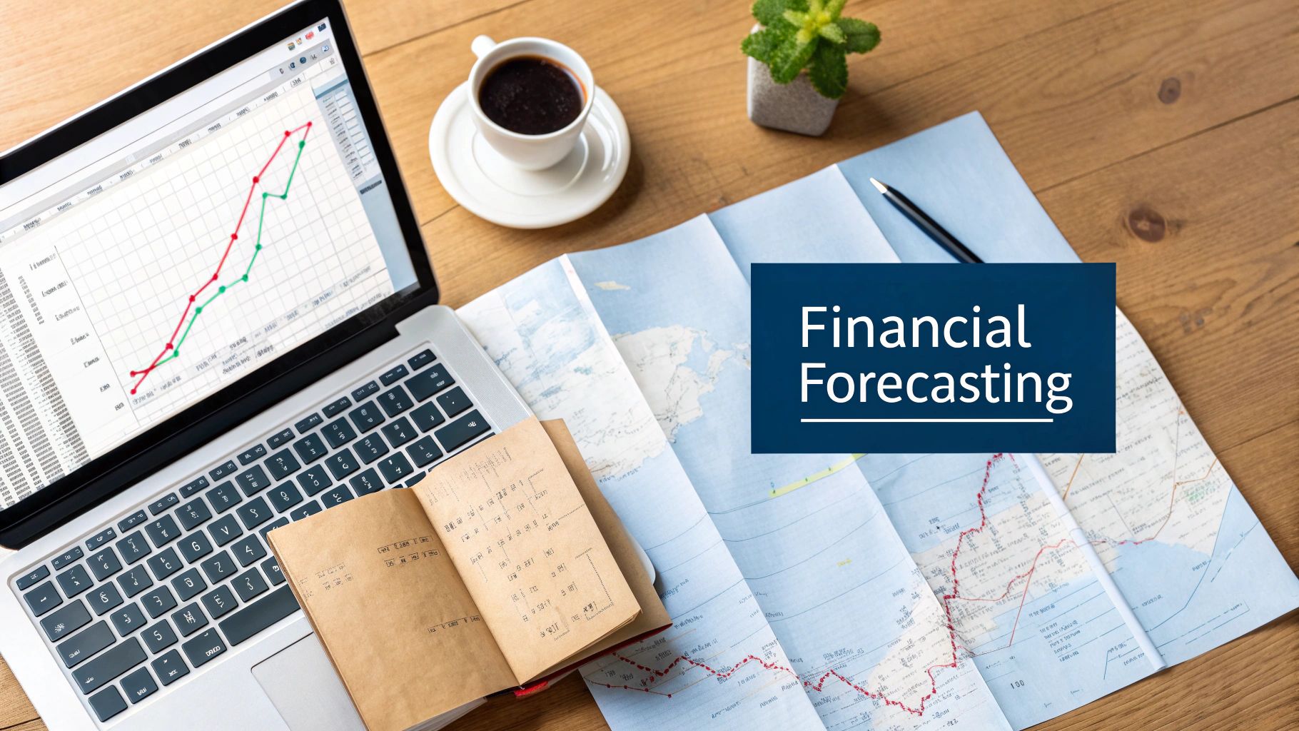 Overhead view of a business desk with a laptop showing financial charts, coffee, and a map with 'Financial Forecasting' text.