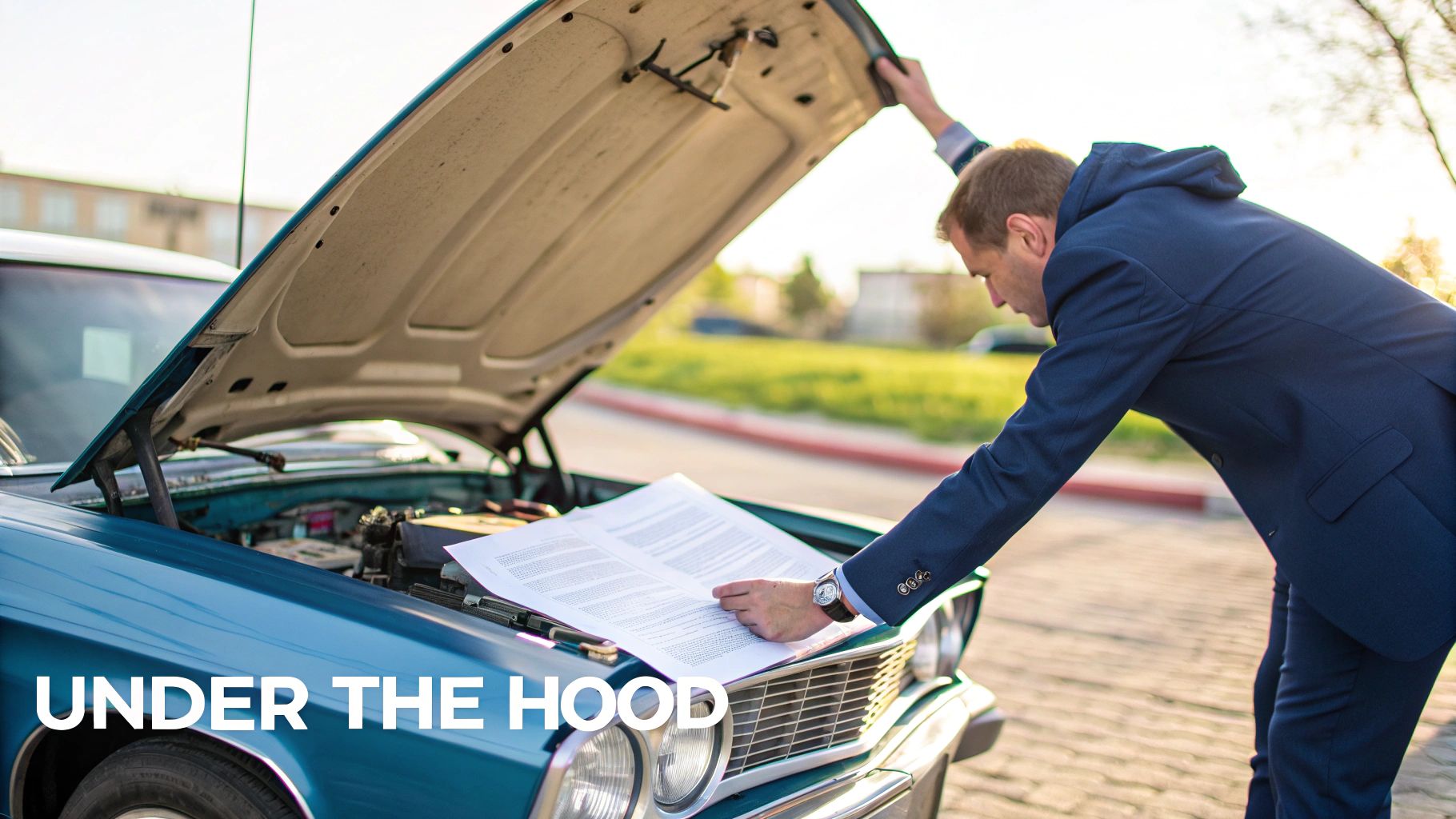 A man in a blue suit reads papers under the open hood of a teal vintage car.