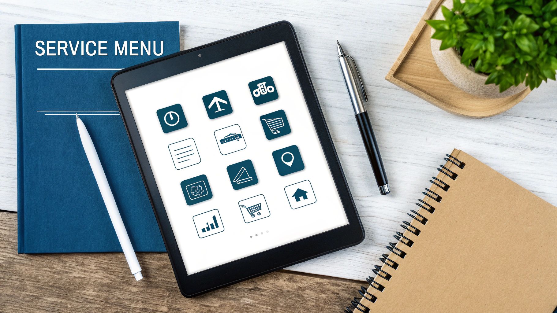 Service menu book, tablet with diverse icons, pens, and a plant on a light wooden desk.