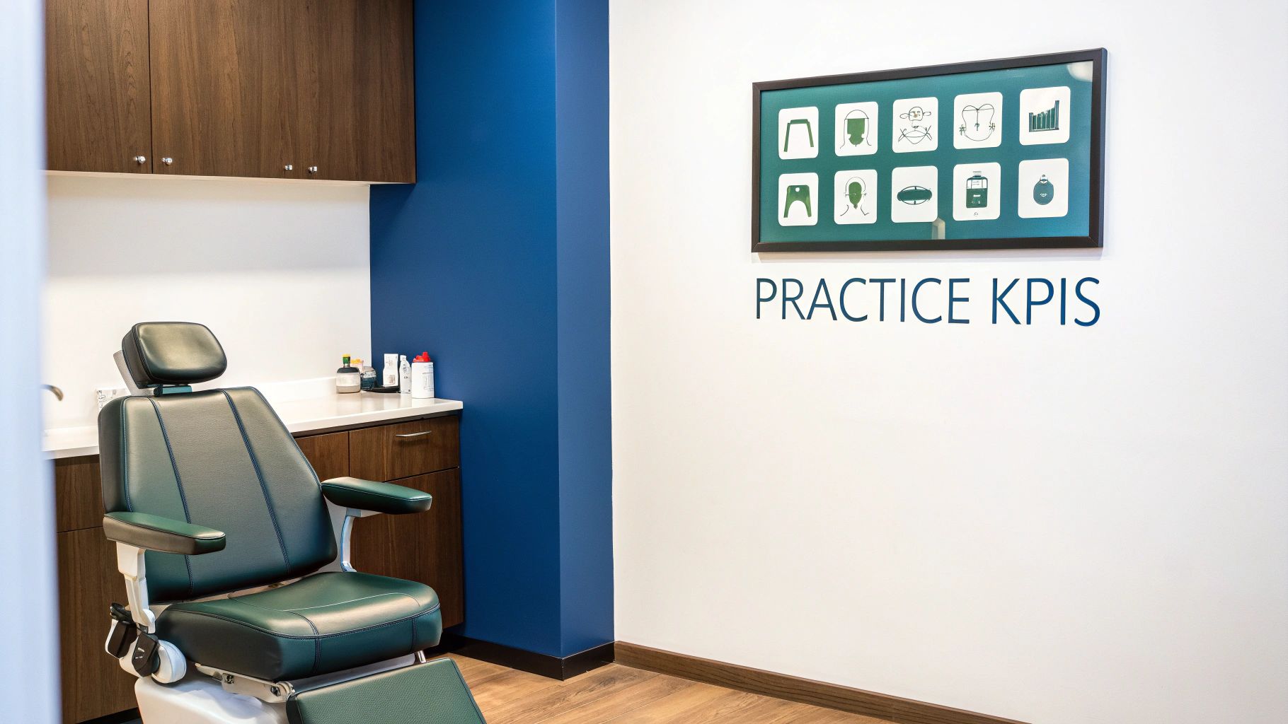 A modern dental exam room featuring a dark green chair, wooden cabinets, and a 'PRACTICE KPIS' sign.