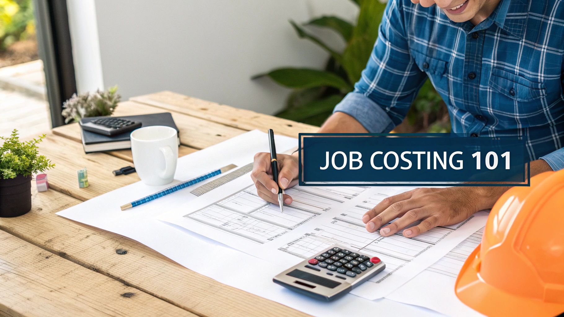 A man calculates job costs, reviewing construction blueprints at a desk with a hard hat.