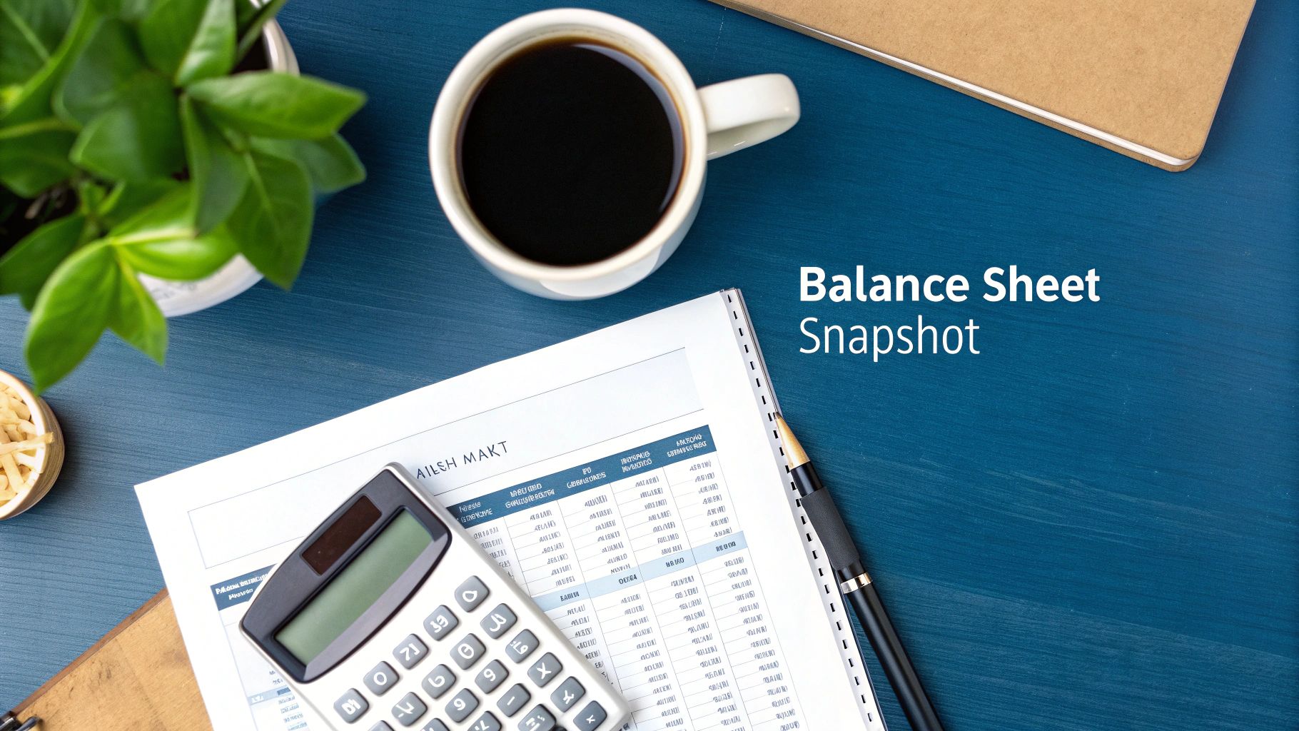 Overhead view of a balance sheet document with a calculator, coffee, and plant on a blue desk.