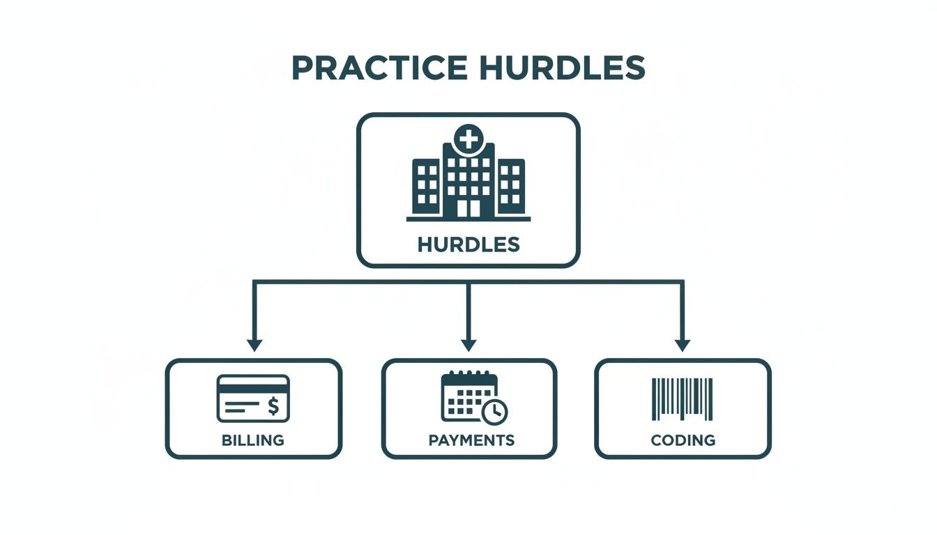 A diagram illustrating common medical practice hurdles, including billing, payments, and coding challenges.