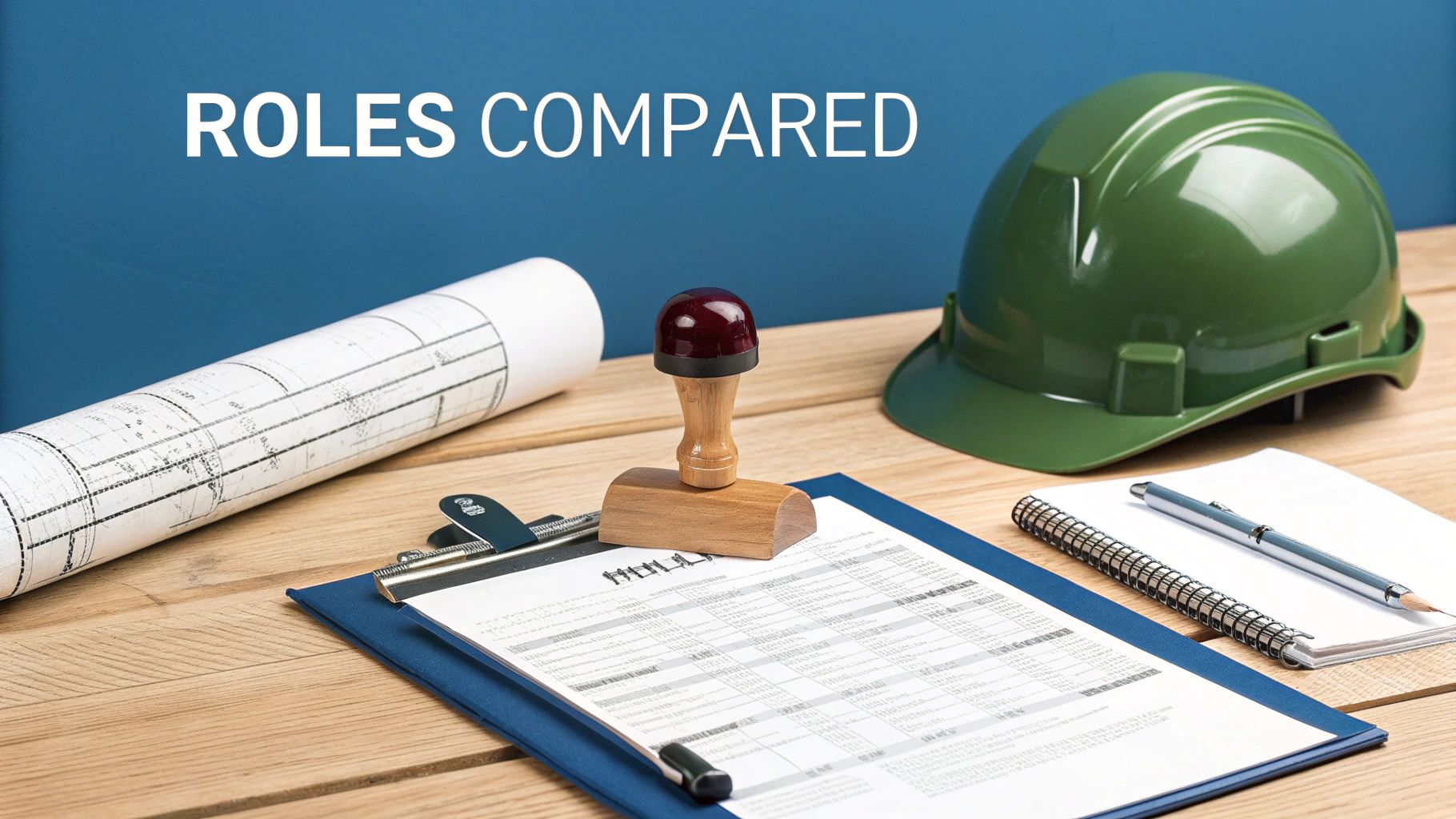 Desk with construction safety gear, architectural plans, and office supplies, highlighting 'ROLES COMPARED'.