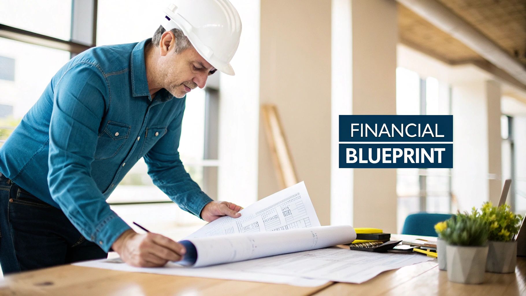 A man in a hard hat and denim shirt reviewing financial blueprints on a table with a pen.