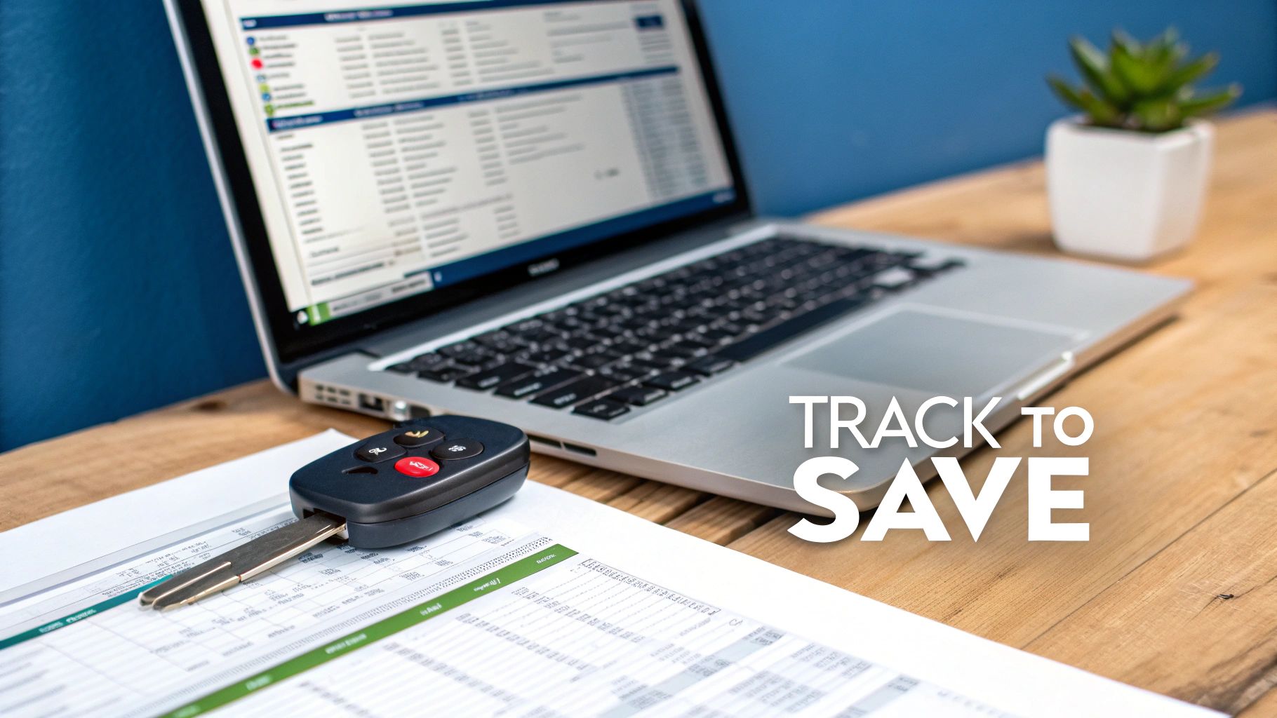 A car key on papers with data and a laptop displaying a spreadsheet on a wooden desk, with text 'TRACK TO SAVE'.