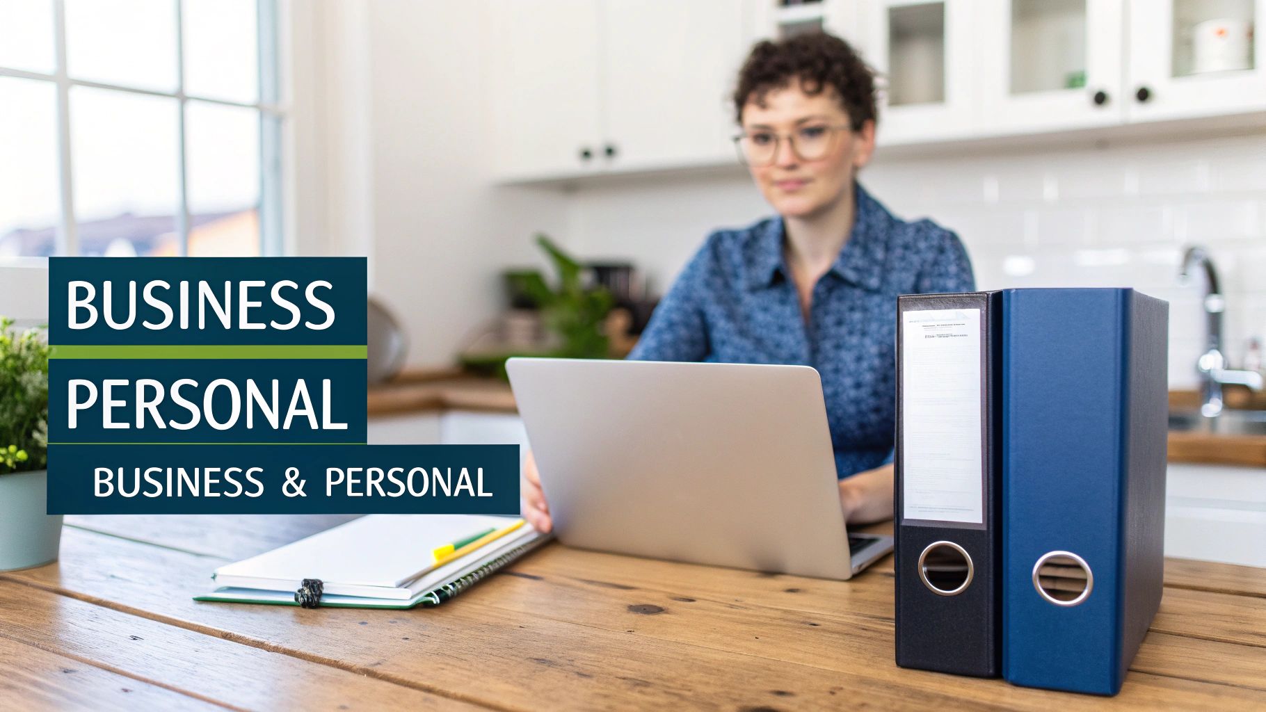 Woman working on laptop at home office with business and personal finance folders