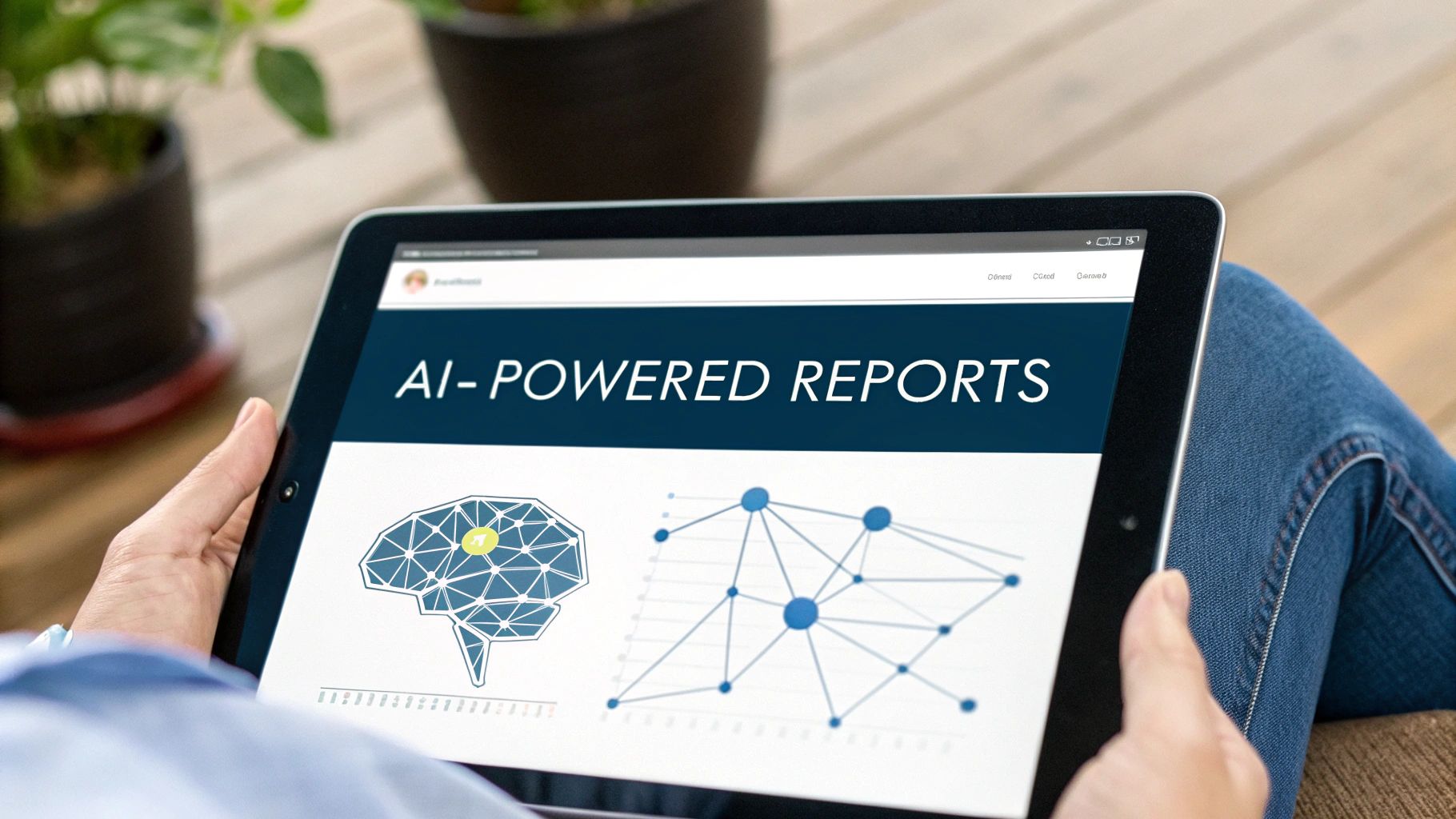 A person holds a tablet displaying 'AI-POWERED REPORTS' with a brain icon and data visualizations.